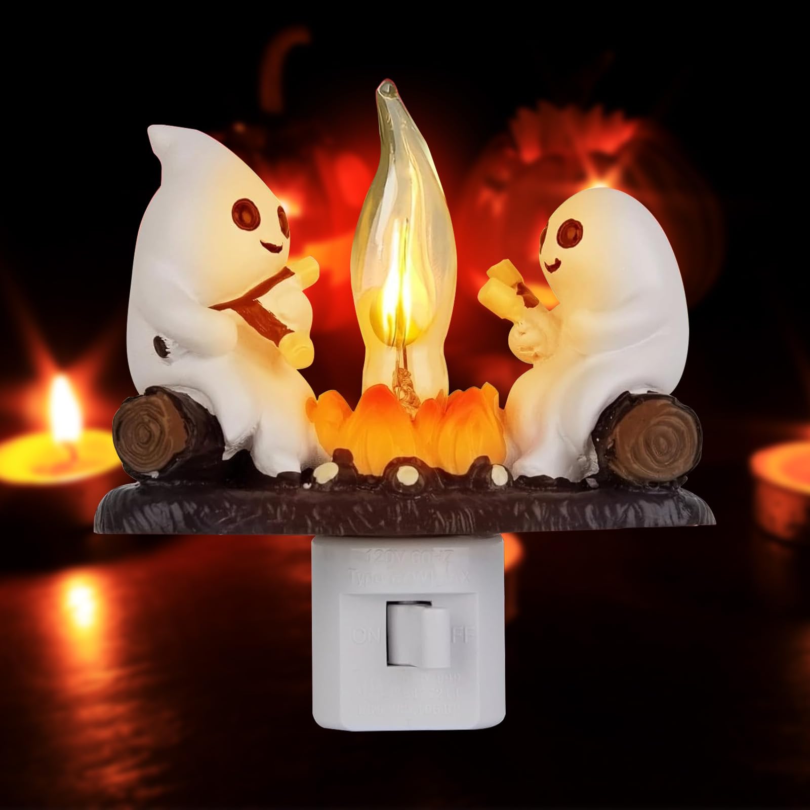 Ghost Campfire Flicker Night Light with two ghosts roasting marshmallows
